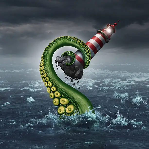 Strategy problem and guidance hazard as a light house beacon being ripped out of the ocean by a dangerouse sea monster tentacle arm as a metaphor for risk and trouble planning.