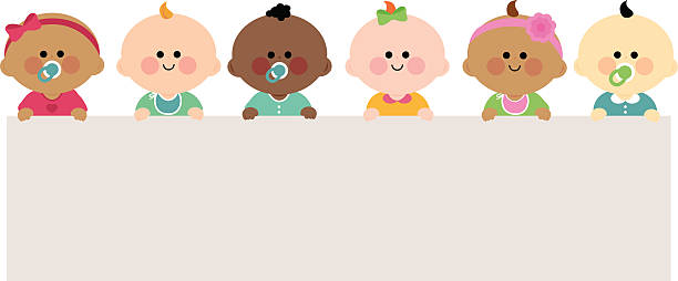 Babies holding horizontal blank banner A happy multicultural group of babies holding a blank horizontal banner. babies stock illustrations