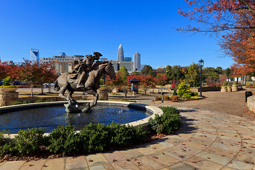 Charlotte, USA - November 9, 2014:  Elizabeth Park Captain Jack statue in Charlotte, NC
