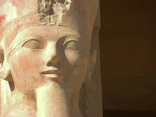 Detail of statue of queen Hatshepsut in temple in Egypt.