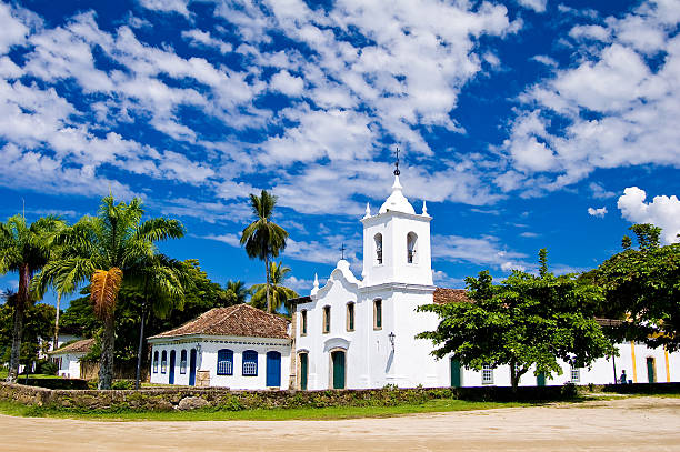Panoramic photograph of historic church in the historic city of Paraty in the state of Rio de Janeiro in Brazil, the city XXVI century epoch of colonial Brazil.
