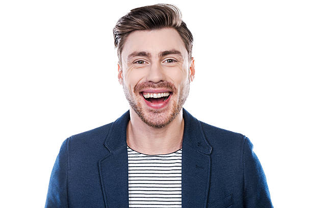 istock Smiling man in blue jacket and white striped shirt 465361148