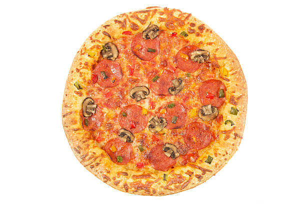 istock Whole pepperoni pizza top view on white 465362134