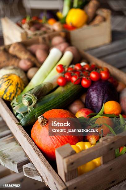 Wooden Tray Holding A Variety Of Vegetables Stock Photo - Download Image Now - 2015, Agricultural Fair, Bean