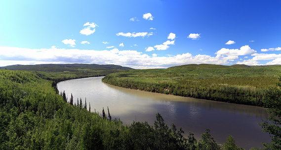 Rising in the Saint Cyr Range of the Pelly Mountains in southeastern Yukon, the Liard River flows through Yukon, British Columbia and the Northwest Territories, Canada.