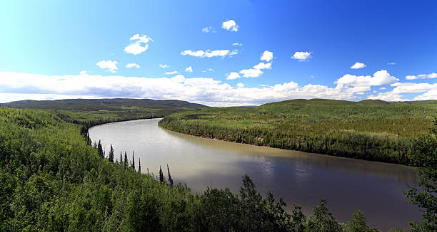 Panoramic view of Liard River in northern British Columbia, Canada. stock photo