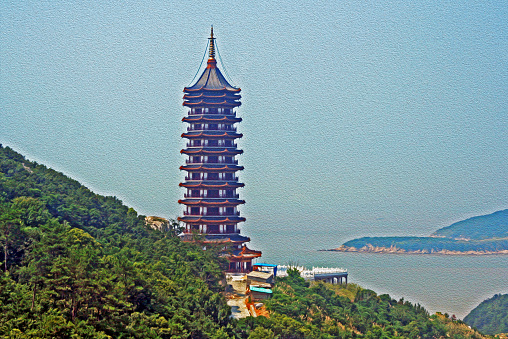 gigantic chinese pagoda with sea and island in background,  stylized and filtered to resemble an oil painting