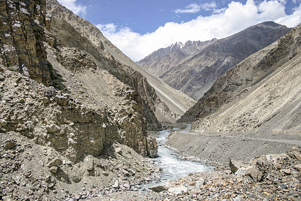 Karakoram Highway Rough landscape along the Karakoram Highway in Pakistan. This road links Pakistan with China via the Khunjerab pass karakoram highway stock pictures, royalty-free photos & images