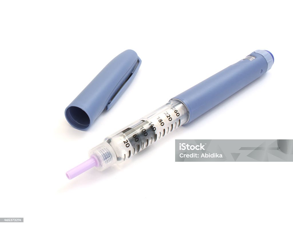 Syringe pen Insulin syringe pen blue on a white background Insulin Stock Photo