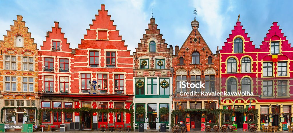 Christmas square in Belgium with colors Christmas Grote Markt square in the beautiful medieval city Brugge at morning, Belgium. Bruges Stock Photo