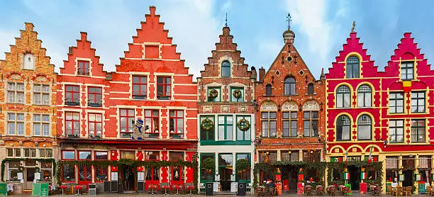 Christmas Grote Markt square in the beautiful medieval city Brugge at morning, Belgium.