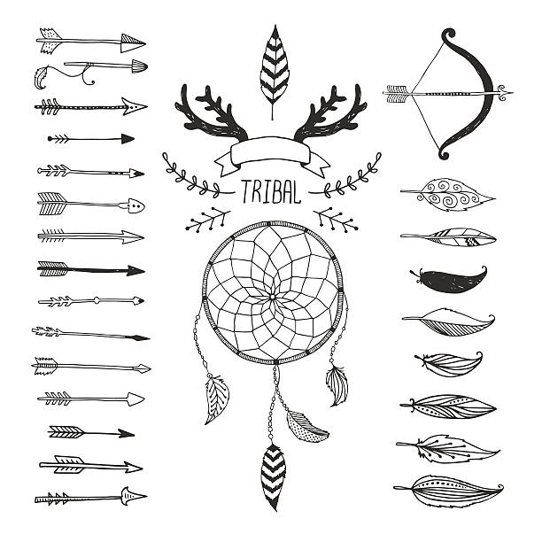 ilustrações, clipart, desenhos animados e ícones de vetor elementos de design asteca tribal, símbolos, setas - bow and arrow