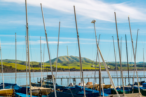view of small boat harbor/marina in the small town of Inverness in Marin County of Northern California