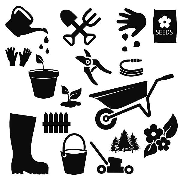 ilustrações, clipart, desenhos animados e ícones de jardim ícone conjunto de ilustração vetorial - watering can shovel rake silhouette