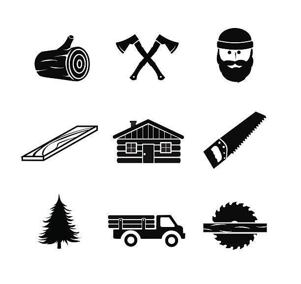 illustrazioni stock, clip art, cartoni animati e icone di tendenza di lumberjack set di illustrazione vettoriale icona - tree stump tree working environment