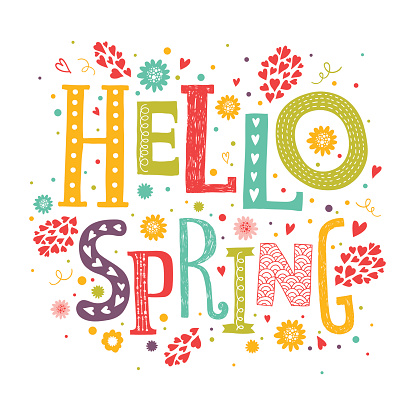 Vector lettering Hello spring with decorative flower elements on white background, hand drawn letters for greeting card, invitation and web design