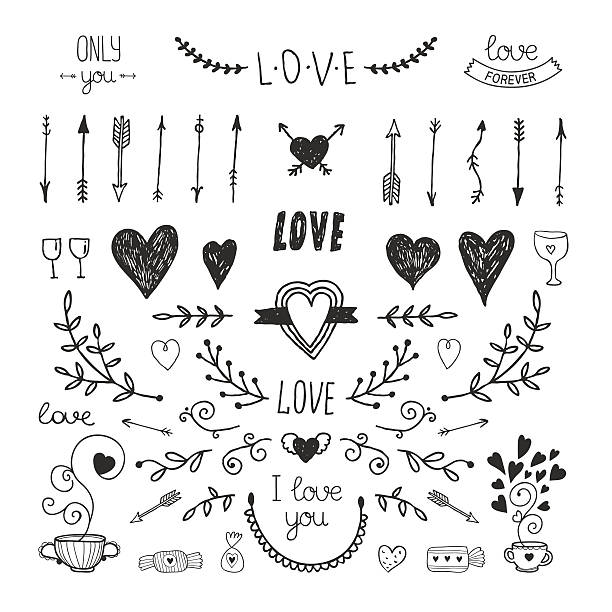 ilustraciones, imágenes clip art, dibujos animados e iconos de stock de amor elementos decorativos, colección dibujados a mano - tattoo heart shape love ribbon