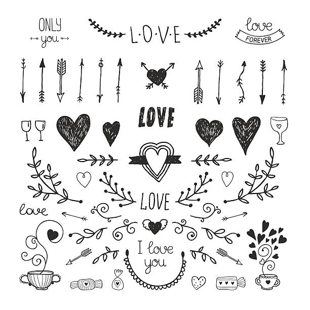 любовь декоративных элементов, hand drawn collection - tattoo heart shape love ribbon stock illustrations