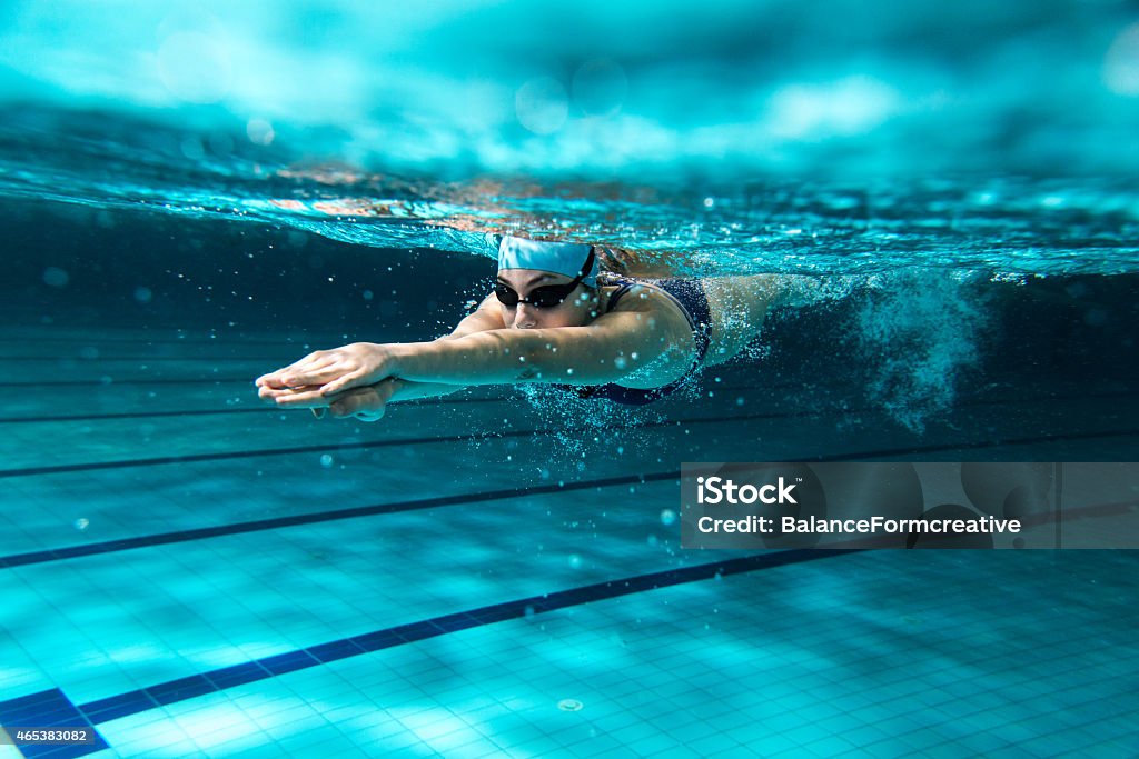 Female swimmer at the swimming pool. Female swimmer at the swimming pool.Underwater photo. Swimming Stock Photo