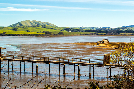 view of old Point Reyes fishing boat in the distance that swept ashore along Tomales Bay in the town of Inverness in Northern California