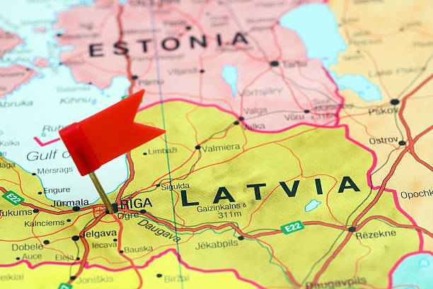 istock Riga pinned on a map of europe 465387320