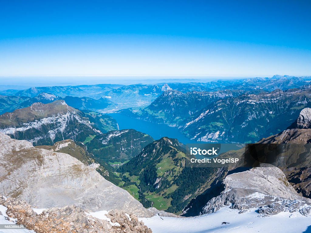 Lucerne Lake and the swiss Alps Aerial view of Lake Lucerne (Vierwaldstattersee) from the mountain top 2015 Stock Photo