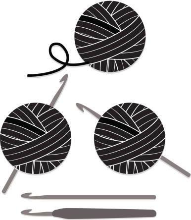 Ball of yarn, 2 versions of a ball of yarn and crochet hooks, 2 versions of crochet hooks, including one with an ergonomic, soft handle. Icons, design elements. Grayscale.