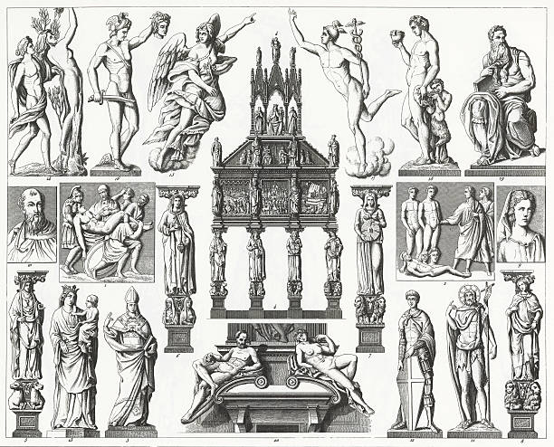 illustrazioni stock, clip art, cartoni animati e icone di tendenza di un'illustrazione di scultura rinascimentale nel 1851. - roman statue