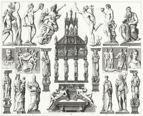Engraved illustrations of Renaissance Sculpture from Iconographic Encyclopedia of Science, Literature and Art, Published in 1851. Copyright has expired on this artwork. Digitally restored.