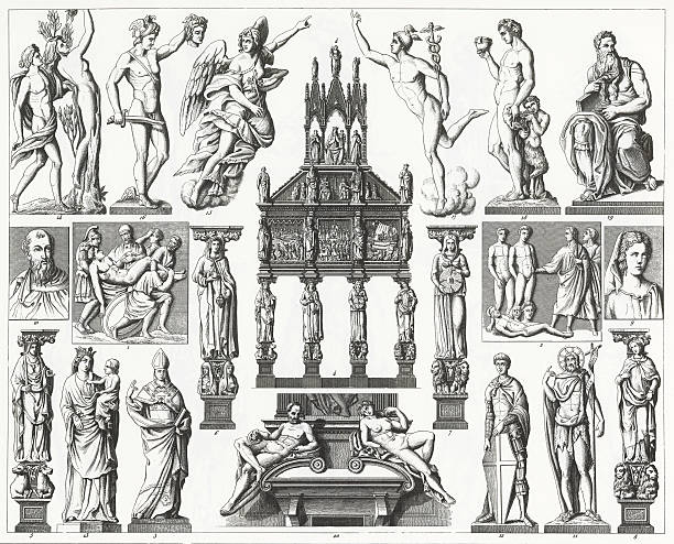 An illustration of Renaissance sculpture from 1851. Engraved illustrations of Renaissance Sculpture from Iconographic Encyclopedia of Science, Literature and Art, Published in 1851. Copyright has expired on this artwork. Digitally restored. roman illustrations stock illustrations