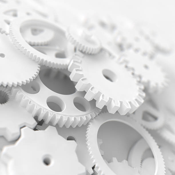 Abstract background of white 3D gear wheels stock photo