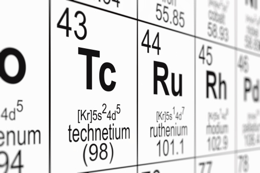 Detail of a partially blurred periodic table of the elements. Focus on technetium.