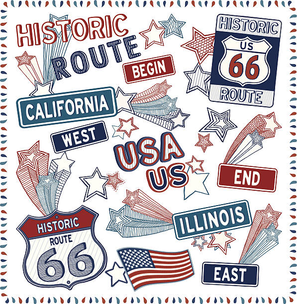 ilustrações, clipart, desenhos animados e ícones de route 66 elementos de design - route 66 california road sign