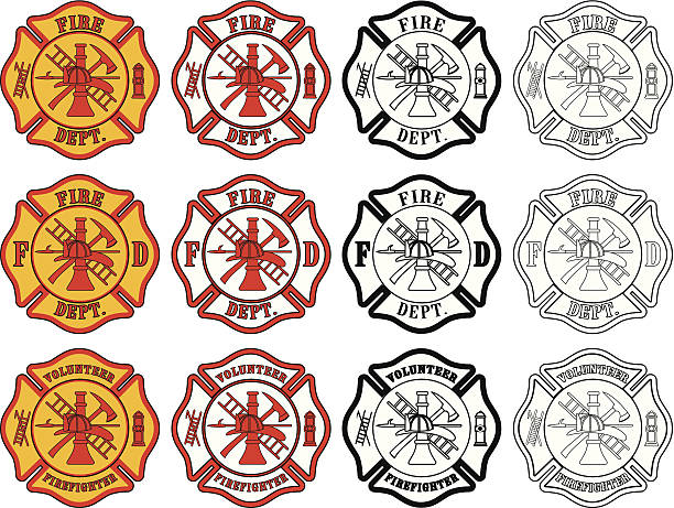 Firefighter Cross Symbol Illustration of three slightly different firefighter or fire department Maltese Cross symbols. Each is presented in four styles of color. firefighter stock illustrations