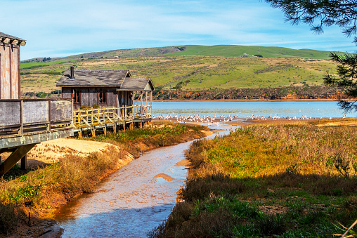 Old, wooden pier house on Tomales Bay in town of Inverness in Northern California