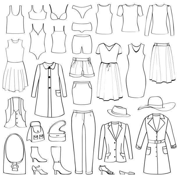 illustrations, cliparts, dessins animés et icônes de fashion icons set. femme vêtements collection. - femme qui s'habille