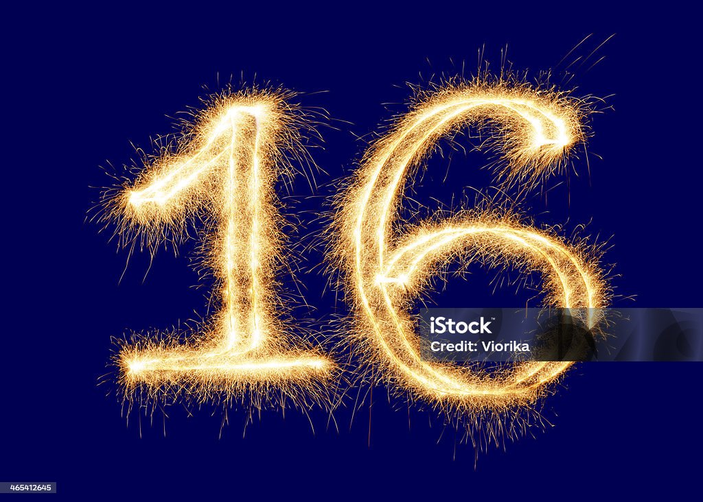 Sparkling Number 16 Sparkling number 16 on a blue background. Can be used for birthdays, anniversaries. Anniversary Stock Photo