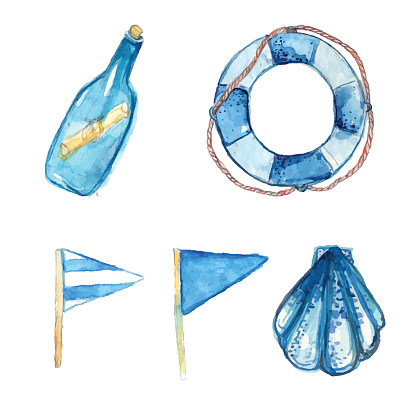 Nautical elements hand painted in watercolor. Bottle with messsage, life buoy, blue signal flags and shell. Artistic vector illustrations isolated on white background.