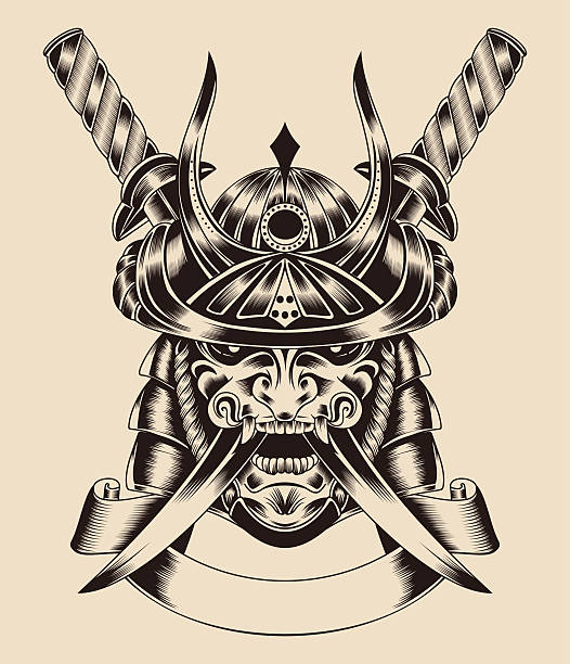 Illustration of mask warrior with swords Illustration of mask samurai warrior with katana sword. harakiri stock illustrations