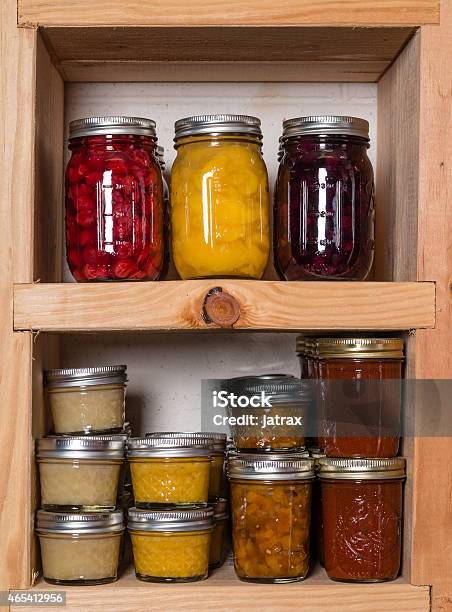 Storage Shelves With Canned Food Stock Photo - Download Image Now - Shelf, Canning, Preserves