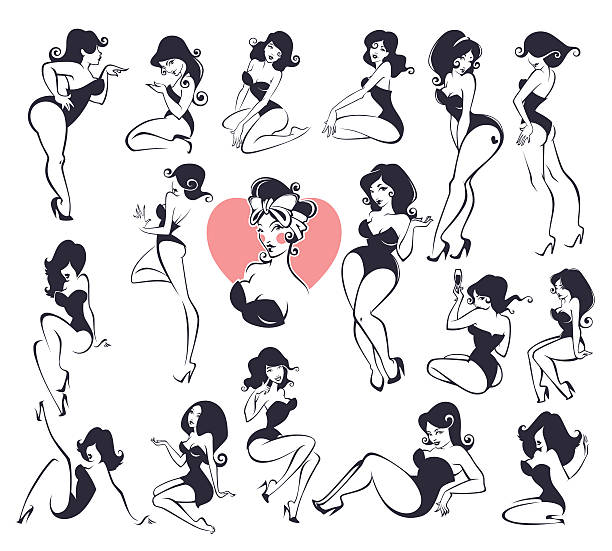 illustrazioni stock, clip art, cartoni animati e icone di tendenza di collezione di pinup ragazza - pin up