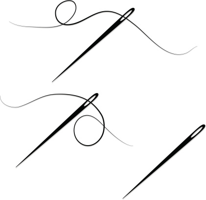 Sewing needles and thread in two versions, one version with just a sewing needle. Grayscale. *OPTIONAL* drop shadows.