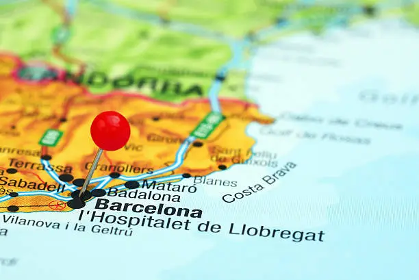 Photo of Barcelona pinned on a map of europe