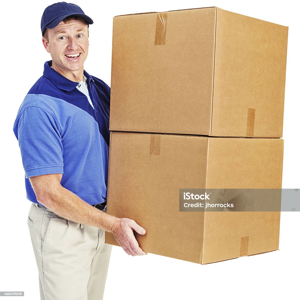 Alegre homem de entrega com caixas - Foto de stock de 30 Anos royalty-free