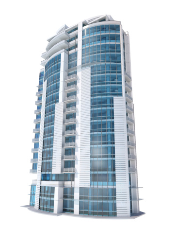 High-rise luxury residential and office building, with large glass facade, balconies and penthouses,  isolated on white with clipping path.
