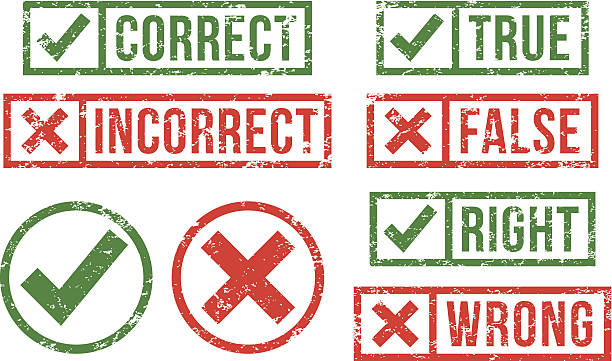 Correct, incorrect rubber stamps Correct - incorrect, right - wrong, true - false, rubber stamps. st stock illustrations