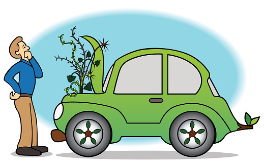 Man discovers weeds growing out of the engine compartment of his green car