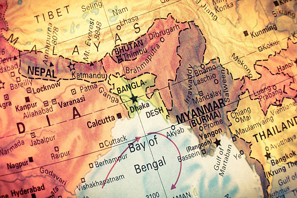 Map Myanmar and Bangladesh, Vintage Map Myanmar,Bangladesh,  Close-up macro image of South East Asia  map . Selective focus on Bangladesh yangon photos stock pictures, royalty-free photos & images