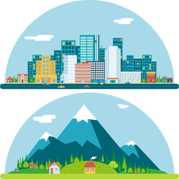 ilustrações de stock, clip art, desenhos animados e ícones de primavera paisagem urbana e rural aldeia real estate verão cidade - rural scene