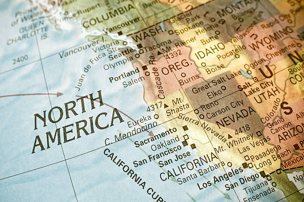 Map North West USA .  Close-up macro image of  map North West America. Selective focus